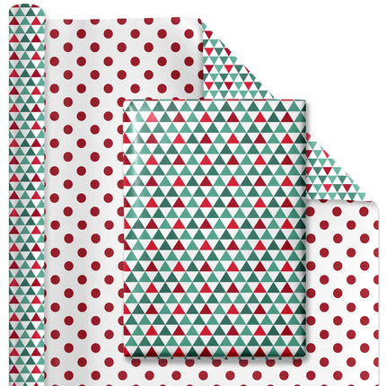 30" x 10' Christmas Reversible Wrapping Paper, geometric triangle design & polka dot back