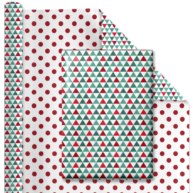30" x 10' Christmas Reversible Wrapping Paper, geometric triangle design & polka dot back