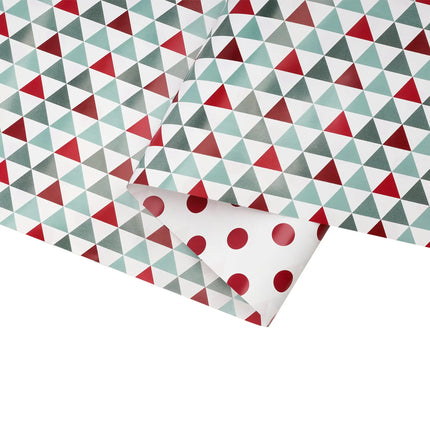 30" x 10' Reversible Holiday Gift Wrap, red green triangle pattern & red polka dot