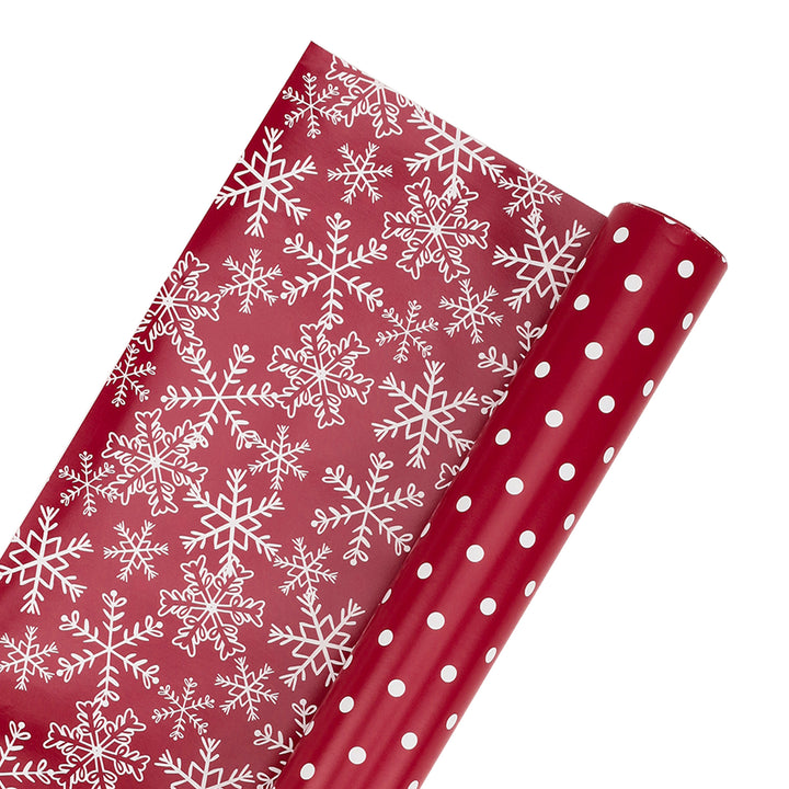 30" x 10’ Holiday Reversible Wrapping Paper | White Dot on Red/Layered Snowflake on Red