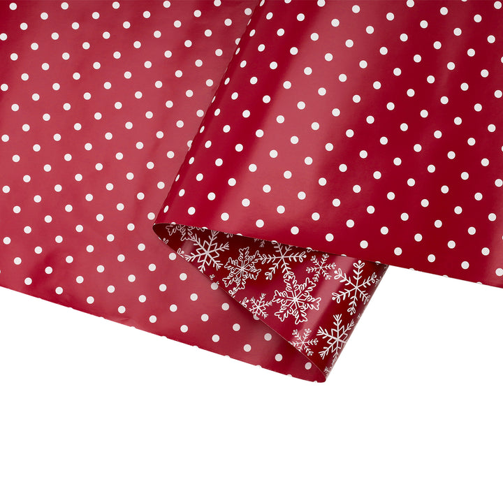 30" x 10’ Holiday Reversible Wrapping Paper | White Dot on Red/Layered Snowflake on Red