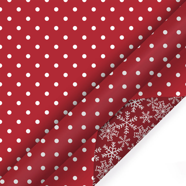 30" x 10’ Holiday Reversible Wrapping Paper | White Dot on Red/Layered Snowflake on Red