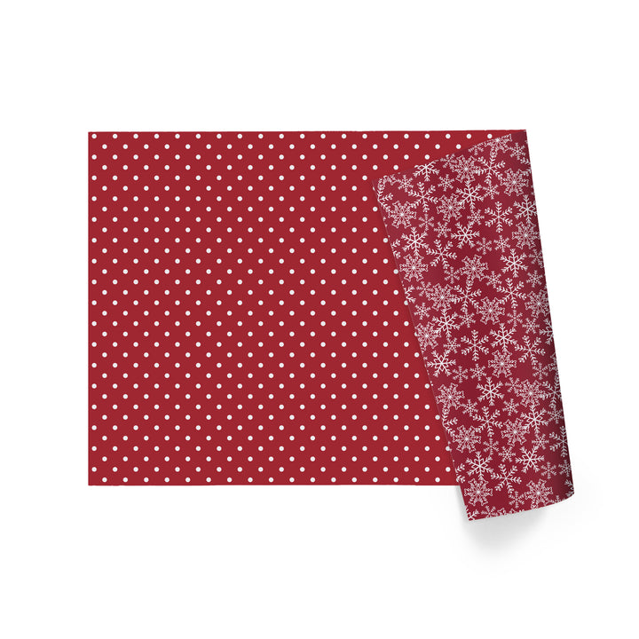 30" x 10’ Holiday Reversible Wrapping Paper | White Dot on Red/Layered Snowflake on Red