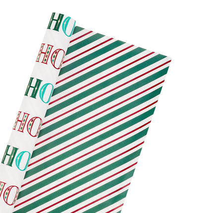 30" x 10’ Holiday Reversible Wrapping Paper | Large HO HO HO/Green, White and Red Diagonal Stripe LaRibbons and Crafts