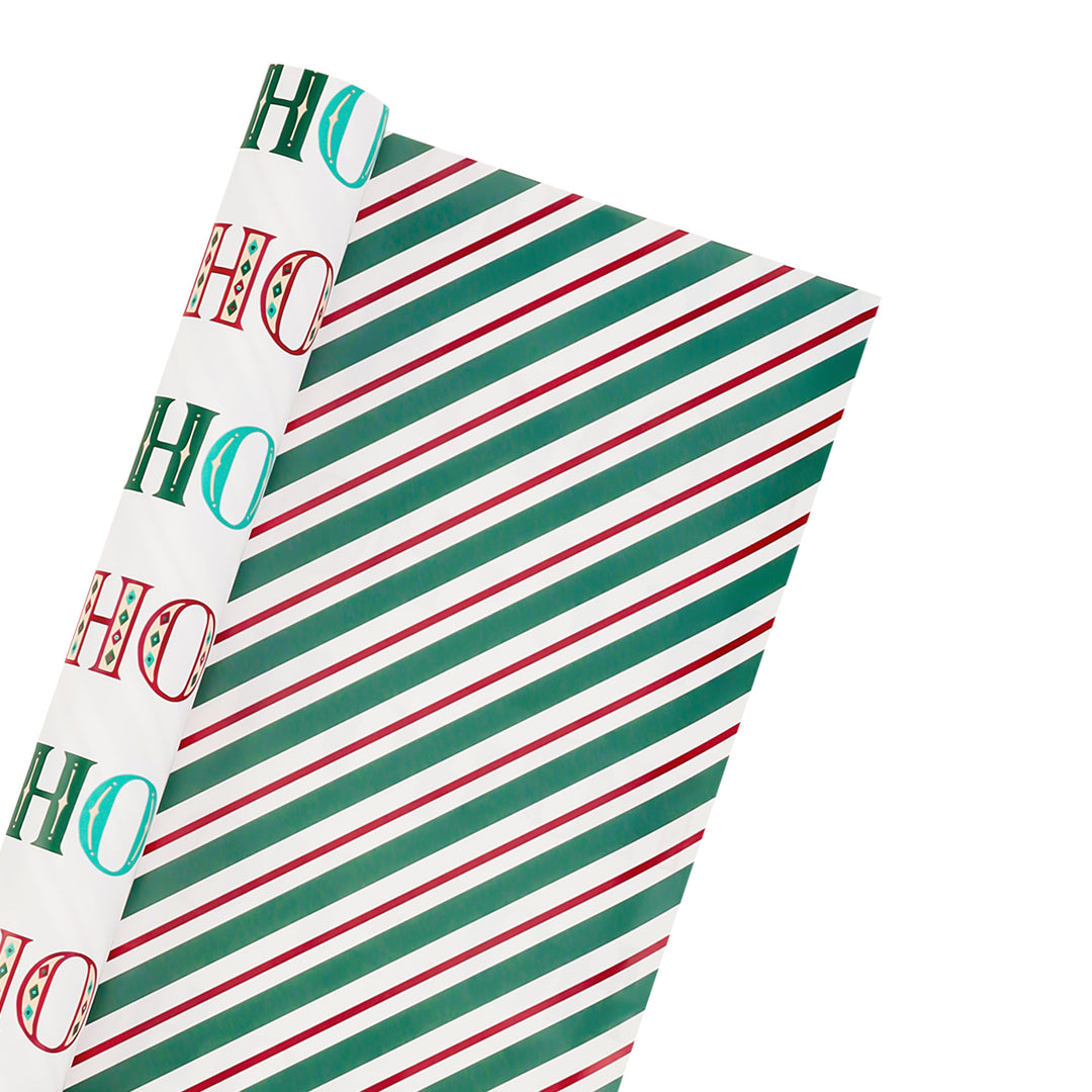 30" x 10’ Holiday Reversible Wrapping Paper | Large HO HO HO/Green, White and Red Diagonal Stripe