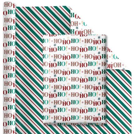 30" x 10’ Holiday Reversible Wrapping Paper | Large HO HO HO/Green, White and Red Diagonal Stripe LaRibbons and Crafts