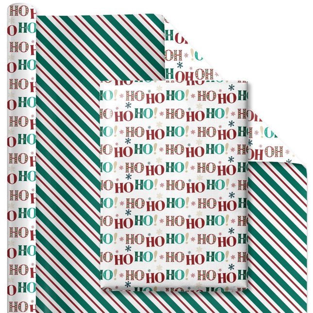 30" x 10' Christmas Reversible Wrapping Paper, festive "HO HO" snowflake design & stripe back