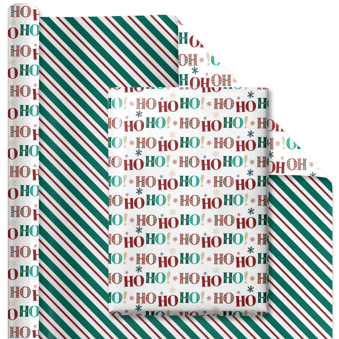 30" x 10’ Holiday Reversible Wrapping Paper | Large HO HO HO/Green, White and Red Diagonal Stripe