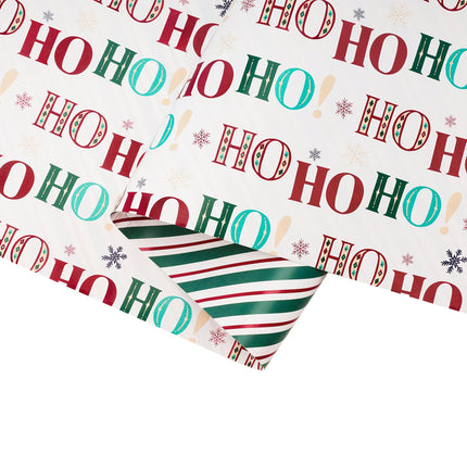30" x 10’ Holiday Reversible Wrapping Paper | Large HO HO HO/Green, White and Red Diagonal Stripe LaRibbons and Crafts