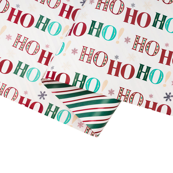 30" x 10’ Holiday Reversible Wrapping Paper | Large HO HO HO/Green, White and Red Diagonal Stripe