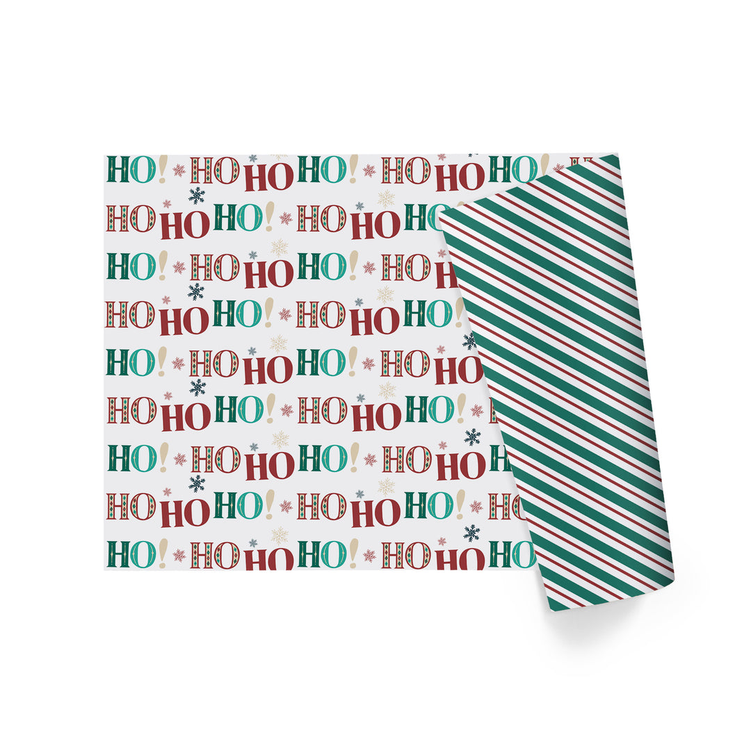 30" x 10’ Holiday Reversible Wrapping Paper | Large HO HO HO/Green, White and Red Diagonal Stripe