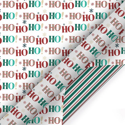 30" x 10’ Holiday Reversible Wrapping Paper | Large HO HO HO/Green, White and Red Diagonal Stripe LaRibbons and Crafts
