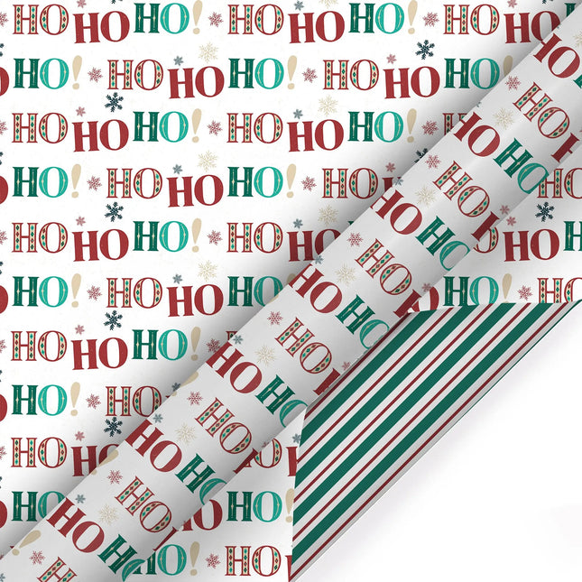 30" x 10' Holiday Reversible Wrapping Paper, retro "HO HO" print with green red stripe reverse