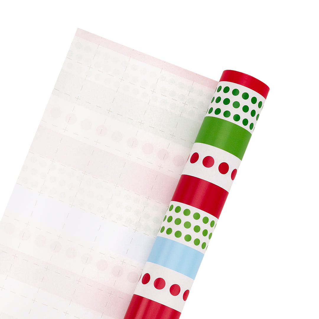 30" x 10' Holiday Wrapping Paper | Red, Green and Blue Dots and Stripes