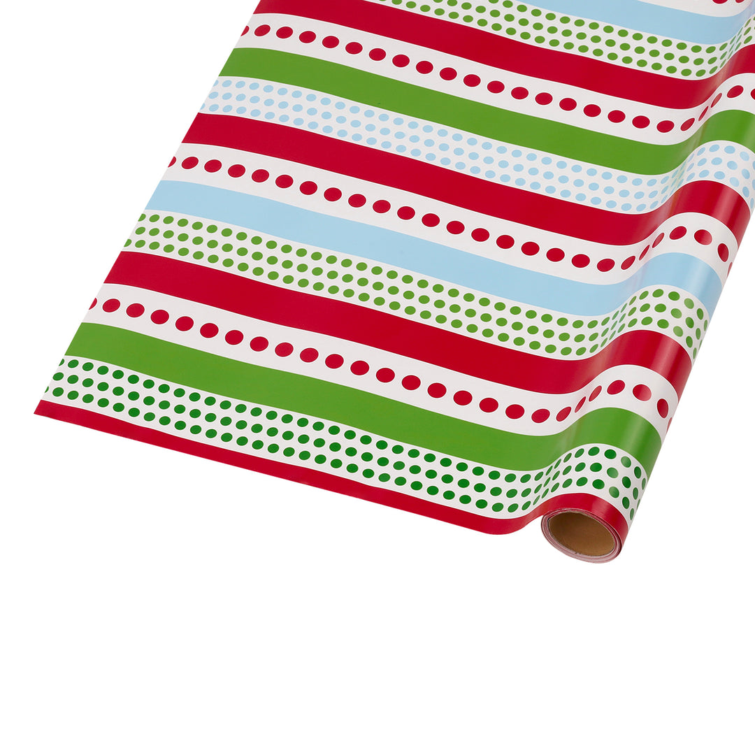 30" x 10' Holiday Wrapping Paper | Red, Green and Blue Dots and Stripes