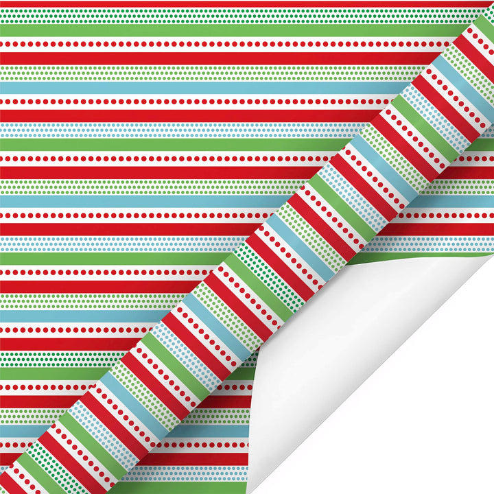 30" x 10' Holiday Wrapping Paper | Red, Green and Blue Dots and Stripes