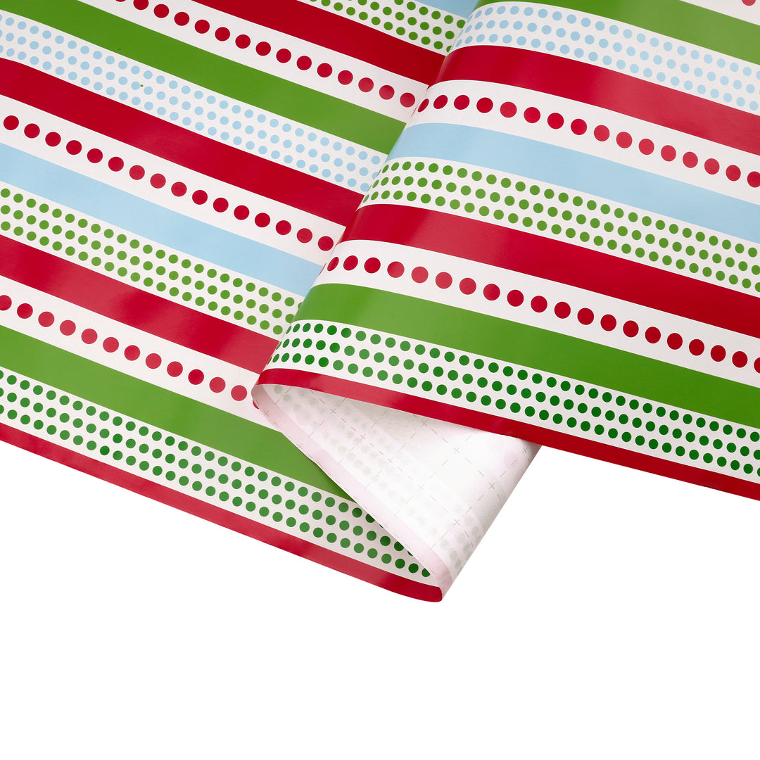 30" x 10' Holiday Wrapping Paper | Red, Green and Blue Dots and Stripes