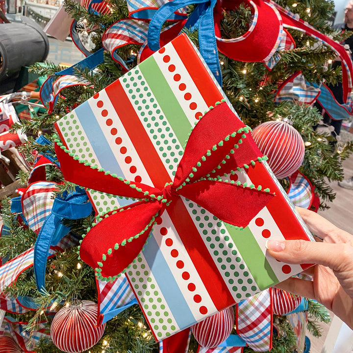 30" x 10' Holiday Wrapping Paper | Red, Green and Blue Dots and Stripes