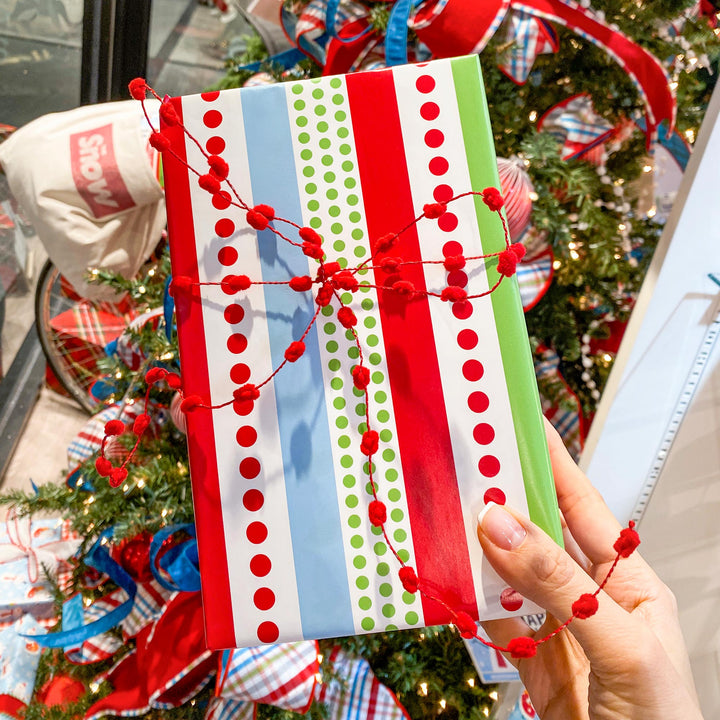 30" x 10' Holiday Wrapping Paper | Red, Green and Blue Dots and Stripes