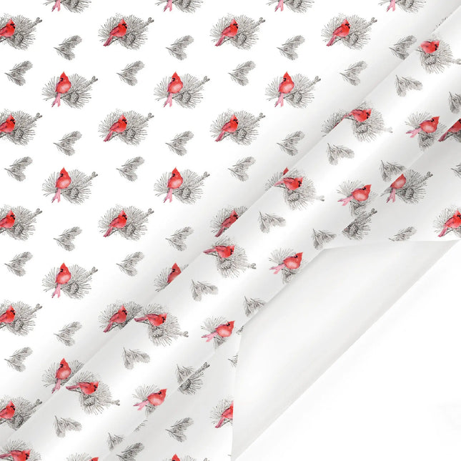 30" x 10' Holiday Wrapping Paper, watercolor red cardinal & pinecone print, for Christmas gift wrapping