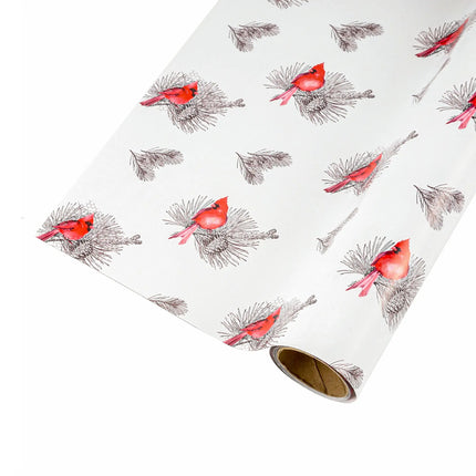 30" x 10' Holiday Gift Wrap, red cardinal with pine branches pattern, for seasonal gift packaging