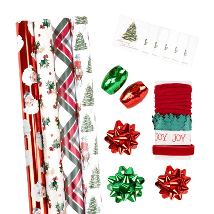 30" x 10' Holiday Giftwrap Ensemble w/ Star Bow & Tags (4-pack) | Vintage Christmas LaRibbons and Crafts