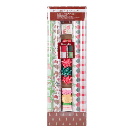 Packaged premium reversible Christmas gift wrap kit with wrapping paper rolls, gift bows, ribbons and festive NOEL tags