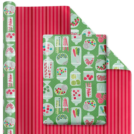 Reversible Christmas wrapping paper green candy jar print front and solid red vertical stripe reverse