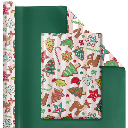 Reversible Christmas wrapping paper gingerbread deer candy print front solid dark green reverse