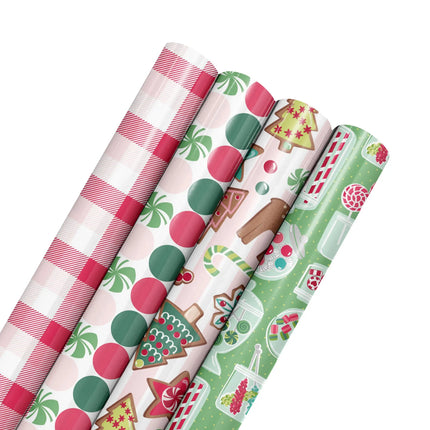 4 rolls reversible Christmas wrapping paper with gingham, polka dot, gingerbread deer and candy jar holiday patterns