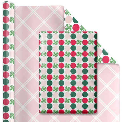 Reversible Christmas wrapping paper red green polka dot front and pink white lattice reverse 