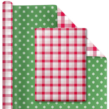Reversible Christmas wrapping paper red buffalo check front and green mini snowflake reverse