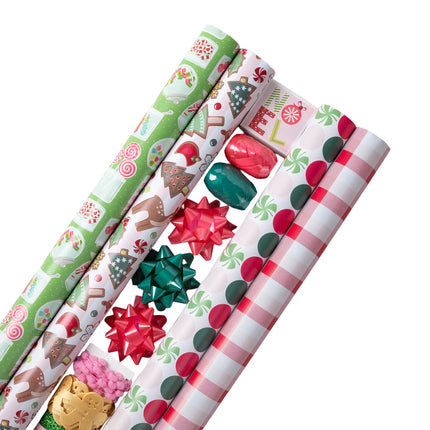Christmas gift wrapping set with 4 festive printed paper rolls, decorative bows, ribbon and holiday NOEL gift tags