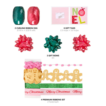 Christmas gift wrapping accessory set including curling ribbon, star bows, NOEL gift tags and assorted decorative craft ribbons