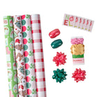 Complete Christmas gift wrapping kit with 4 holiday paper rolls, ribbon, pom poms, gift bows and NOEL gift tags