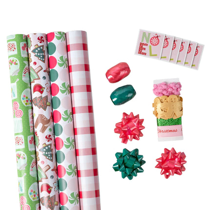 Complete Christmas gift wrapping kit with 4 holiday paper rolls, ribbon, pom poms, gift bows and NOEL gift tags