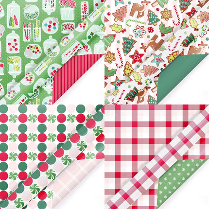 4 styles reversible Christmas wrapping paper with candy jar, gingerbread deer, polka dot and red buffalo check holiday prints