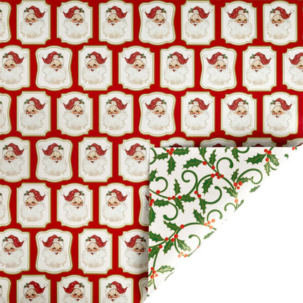 30" x 10' reversible metallic Christmas wrapping paper with vintage framed Santa on red and holly scroll reverse 