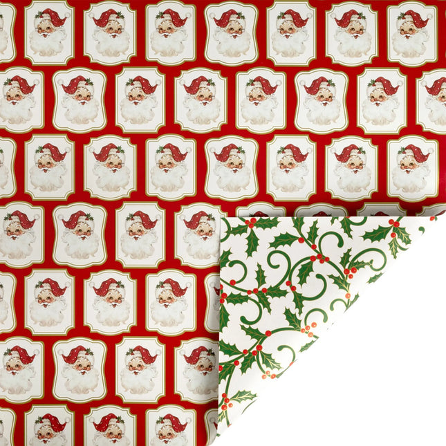 30" x 10' reversible metallic Christmas wrapping paper with vintage framed Santa on red and holly scroll reverse 