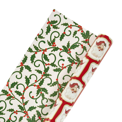 Premium reversible holiday wrapping paper with vintage Santa artwork and traditional holly scroll metallic detailing.