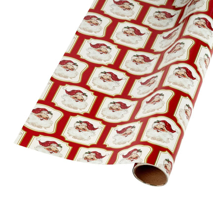Double sided metallic Xmas wrapping paper, red background Santa portrait one side, holly berry scroll on white reverse