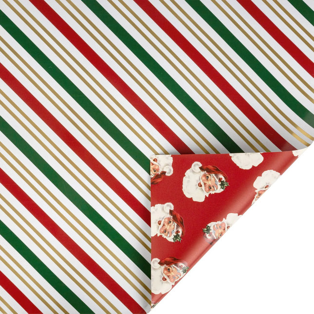 30"x10' reversible metallic Xmas wrapping paper, metallic red green gold stripes on one side, vintage Santa faces on red base reverse