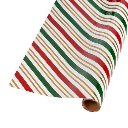 Metallic two-side Christmas wrap combining bold stripe pattern and old-style Santa design