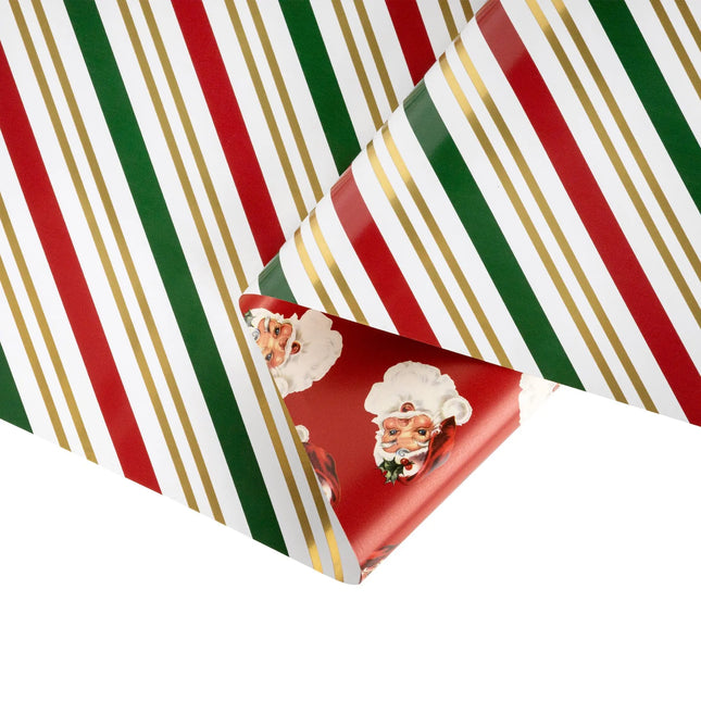 Double-sided festive gift wrap with shiny diagonal stripe and retro scattered Santa print