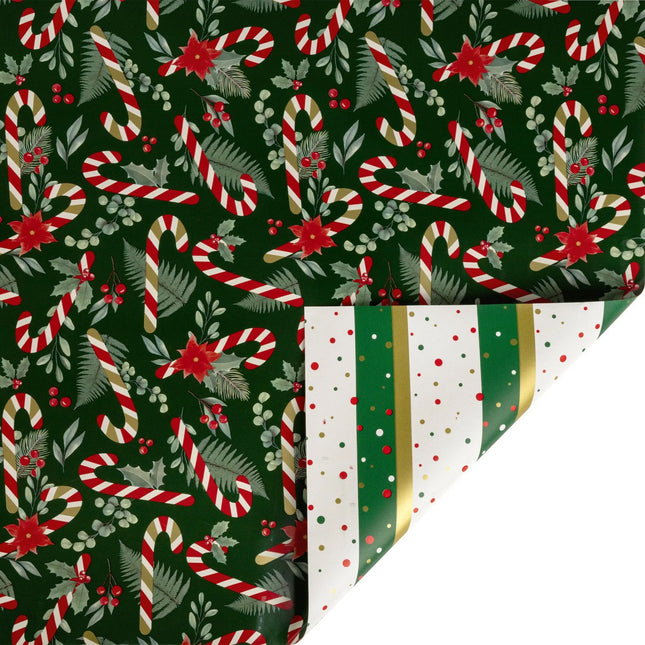 30"x10' reversible metallic Christmas wrapping paper, candy cane holly print on dark green front, metallic confetti stripe on white reverse