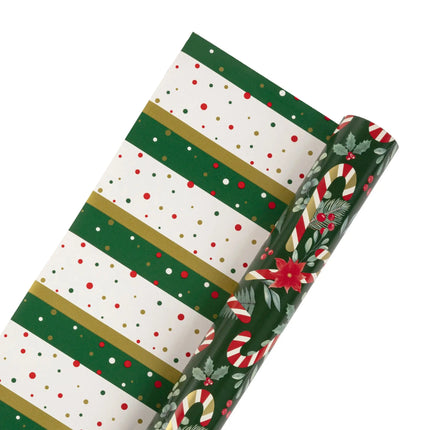 Premium reversible holiday wrap with traditional winter greenery artwork and glitter confetti striped pattern 