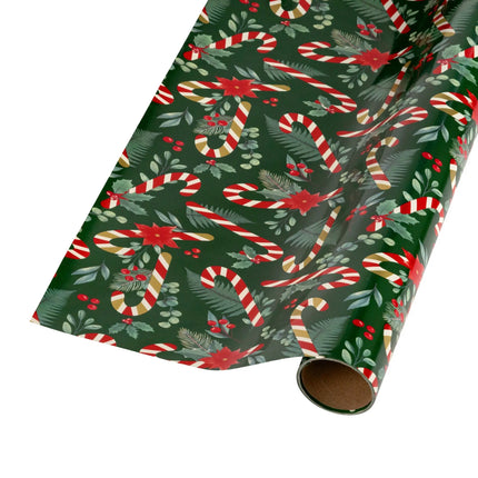 Metallic two-sided Xmas wrapping paper combining vintage candy cane foliage and colorful dot stripe