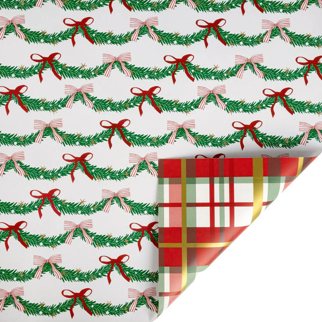 30"x10' reversible metallic Xmas wrapping paper, pine garland & red bow print front, metallic red-green plaid reverse