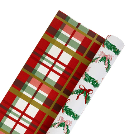 Premium reversible holiday wrap featuring classic fir garland artwork and gold-accented plaid