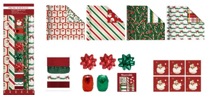 30" x 10' Holiday Reversible Metallic Gift Wrap Kit | Vintage Santa and Holiday Greens